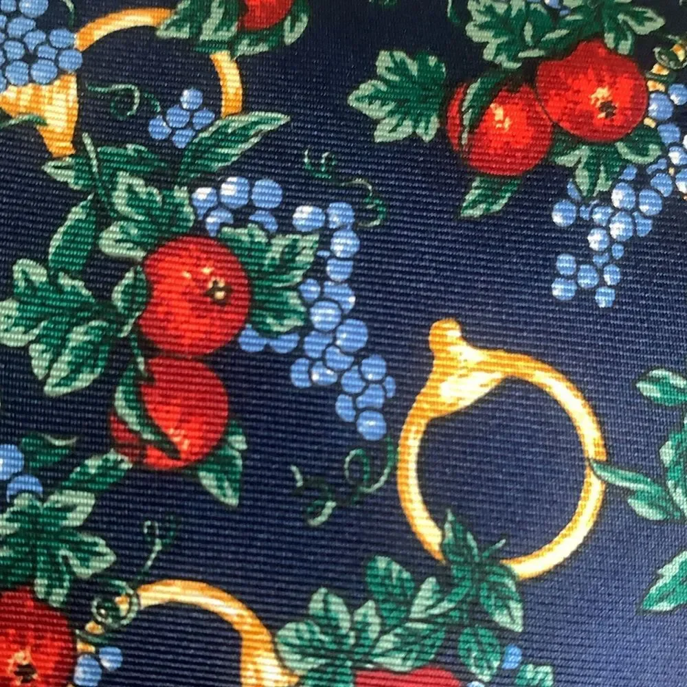 Lancel Paris Silk Floral Fruit Horsebit Stirrup Print Mens Neck Tie Navy Red New